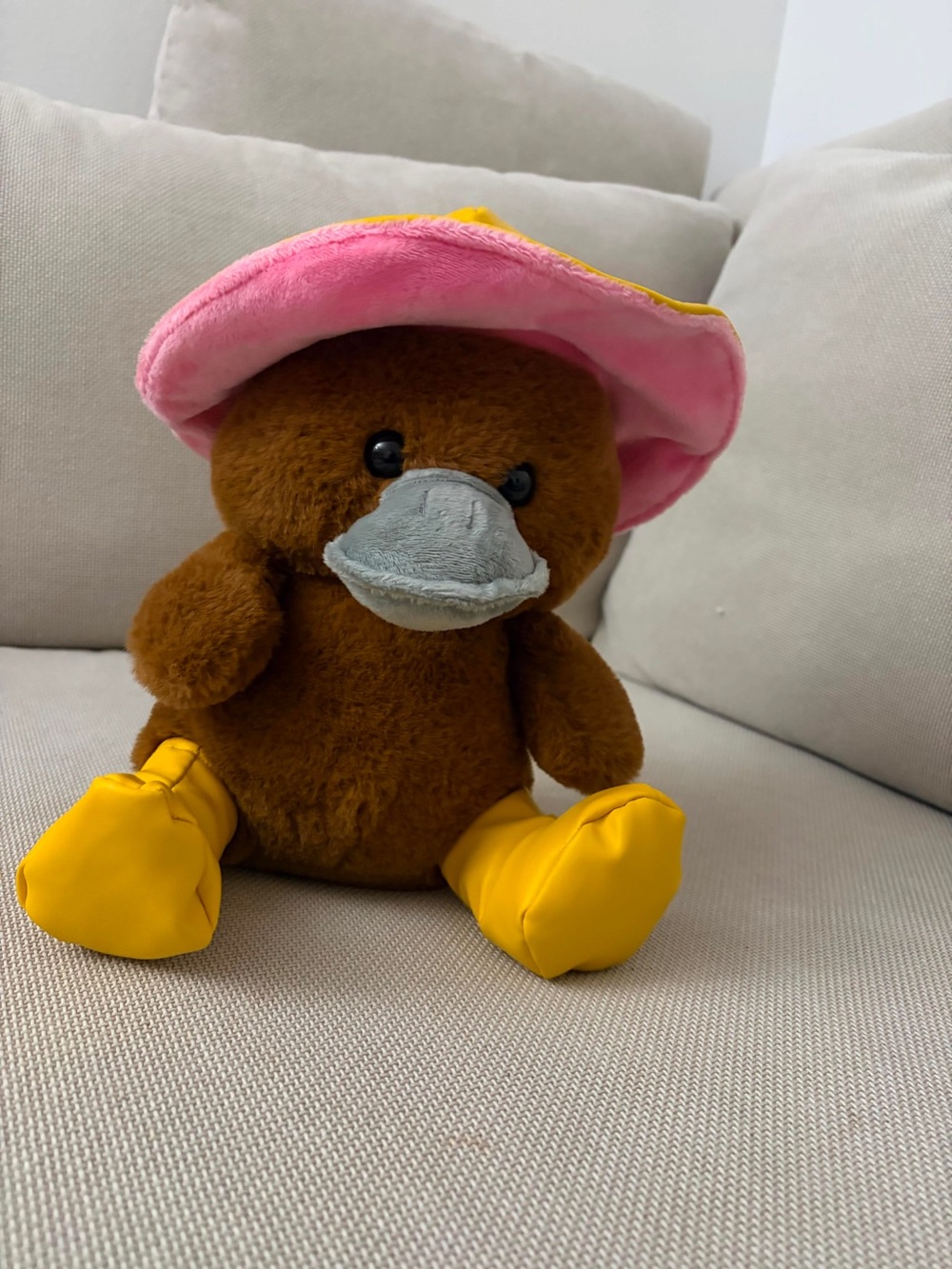 Plush Platypus Toy with Pink Hat and Yellow Boots